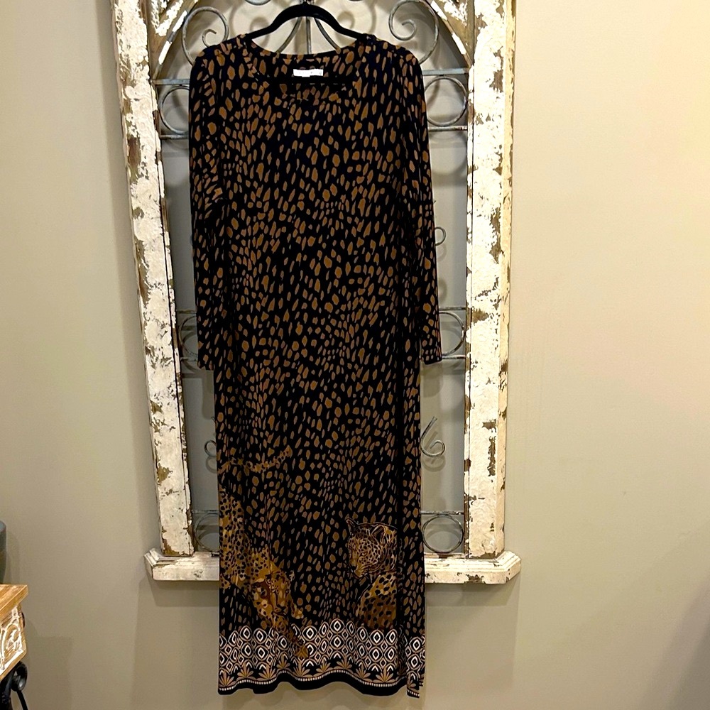 Chico's Black and Brown Animal Print LS Maxi Dress Excellent Preowned Condition - Picture 3 of 11
